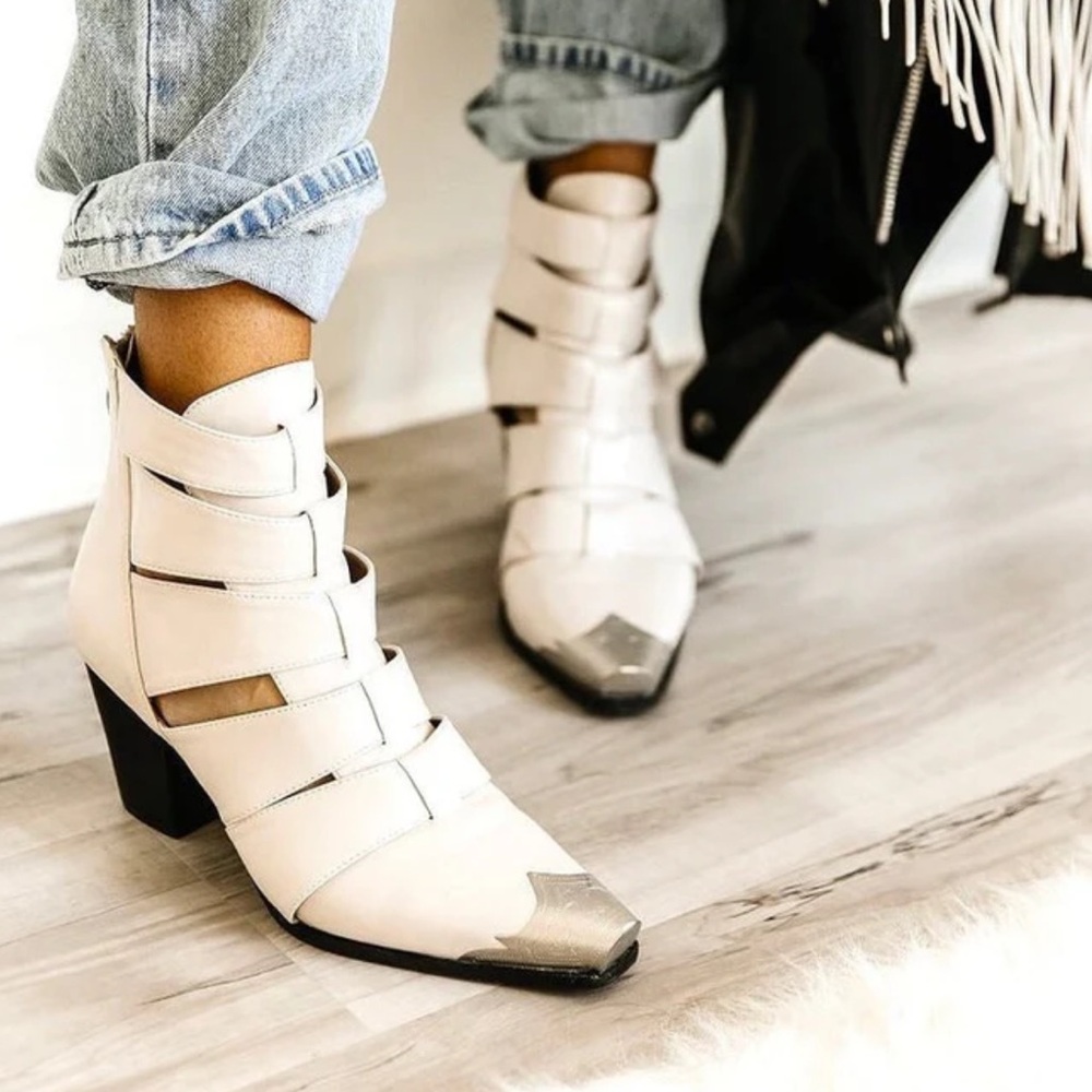 Women's Cream Cutout Ankle Boot with Metallic Toe